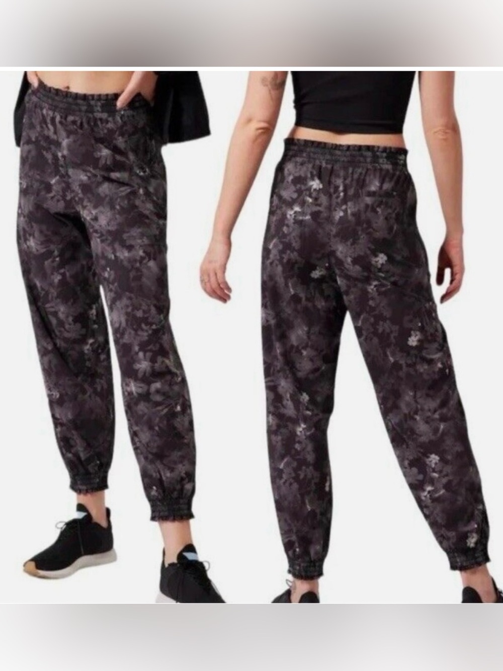 ATHLETA Savannah Jogger Pants Black Gray Floral Lightweight Size 10